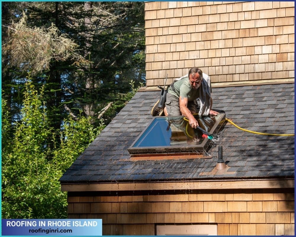 Man washing skylight on the roof of a house