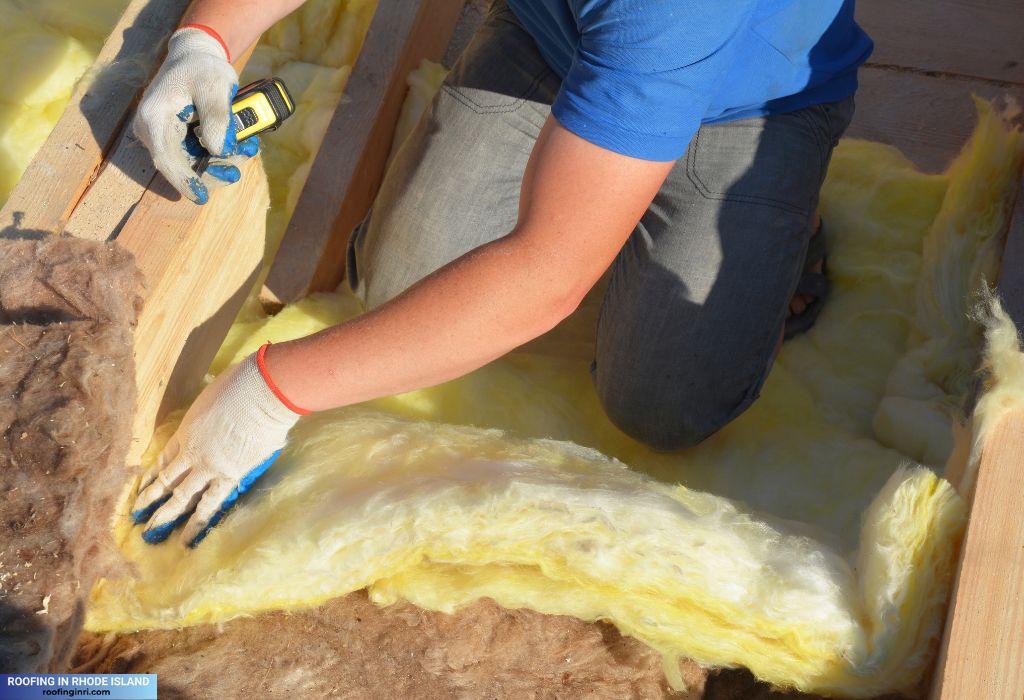 Insulating with mineral wool attic roof, Close up on insulation layers of mineral wool insulation, Roof insulation