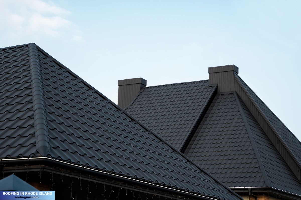 Black metal tile roof, metal roof that looks like tile